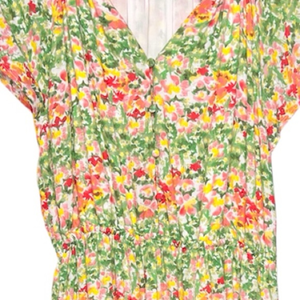 LOFT Floral Flutter Sleeve Button Front Pink Yellow Orange Floral Dress SZ PL - Picture 6 of 8